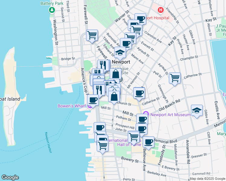 map of restaurants, bars, coffee shops, grocery stores, and more near 107 Spring Street in Newport