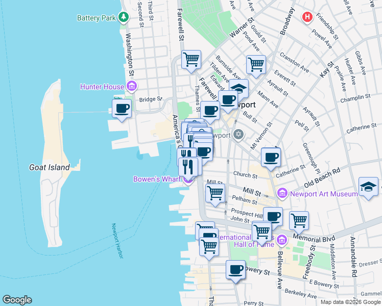 map of restaurants, bars, coffee shops, grocery stores, and more near 136 Swinburne Street in Jamestown