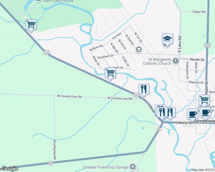 map of restaurants, bars, coffee shops, grocery stores, and more near 2376-2520 Williamsfield Road in Jamestown
