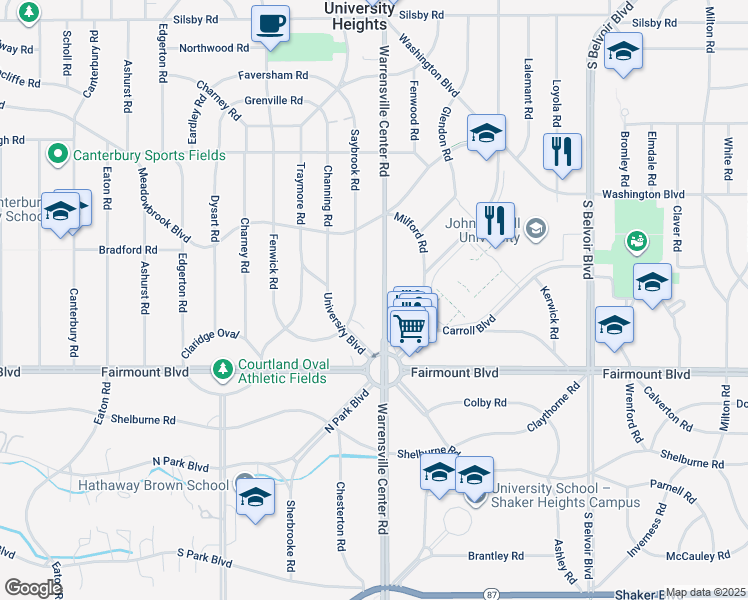 map of restaurants, bars, coffee shops, grocery stores, and more near 2612 Warrensville Center Road in Cleveland