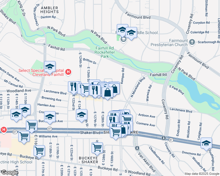 map of restaurants, bars, coffee shops, grocery stores, and more near 2567 Kendall Road in Shaker Heights