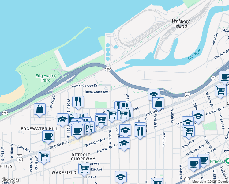 map of restaurants, bars, coffee shops, grocery stores, and more near 1273 West 58th Street in Cleveland
