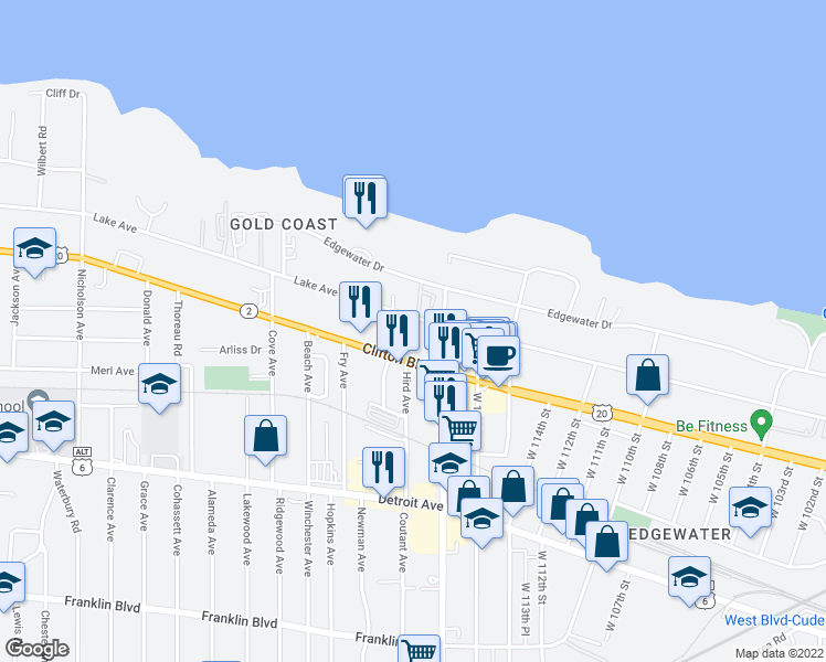 map of restaurants, bars, coffee shops, grocery stores, and more near 11707 Lake Avenue in Lakewood