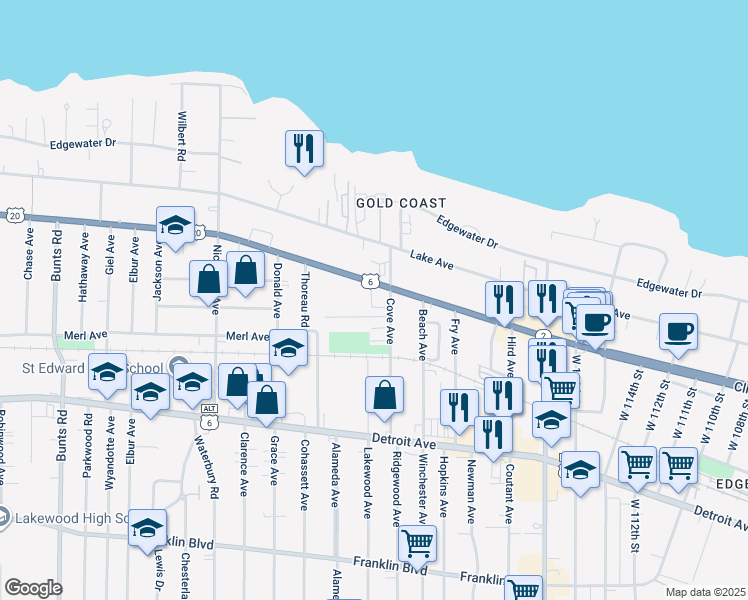 map of restaurants, bars, coffee shops, grocery stores, and more near 12511 Clifton Boulevard in Lakewood