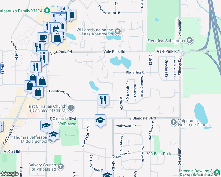 map of restaurants, bars, coffee shops, grocery stores, and more near 2207 Sturdy Road in Valparaiso