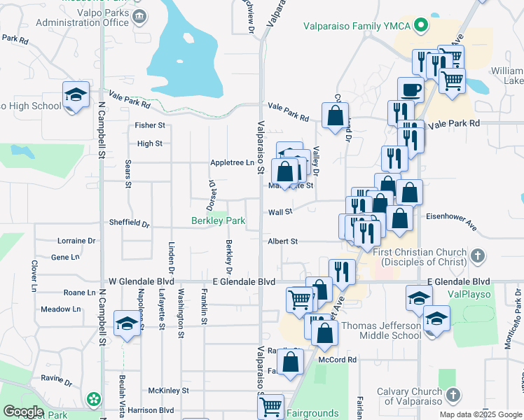 map of restaurants, bars, coffee shops, grocery stores, and more near 400-490 Wall St in Valparaiso