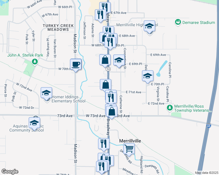 map of restaurants, bars, coffee shops, grocery stores, and more near 7091 Broadway in Merrillville
