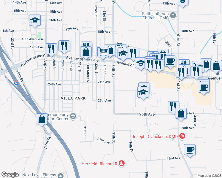 map of restaurants, bars, coffee shops, grocery stores, and more near 2413 34th Street in Moline