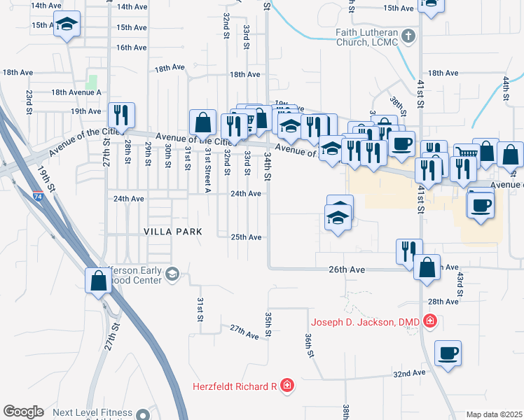 map of restaurants, bars, coffee shops, grocery stores, and more near 2413 34th Street in Moline