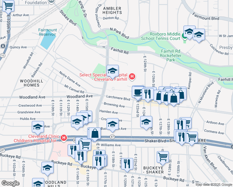 map of restaurants, bars, coffee shops, grocery stores, and more near 11800 Mount Overlook Avenue in Cleveland