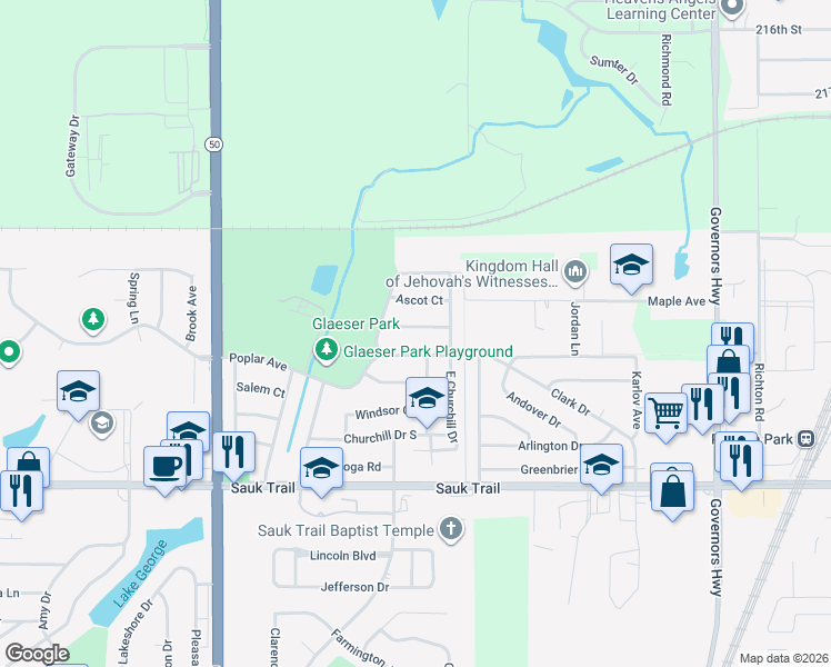map of restaurants, bars, coffee shops, grocery stores, and more near 4453 Camden Court in Richton Park