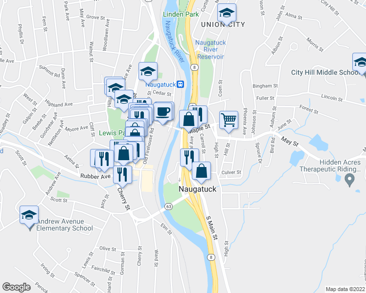map of restaurants, bars, coffee shops, grocery stores, and more near 75-77 South Main Street in Naugatuck