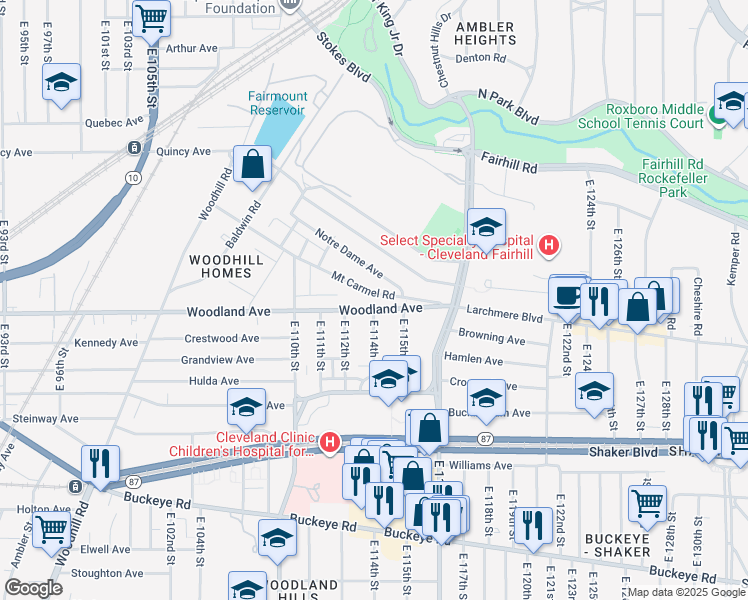 map of restaurants, bars, coffee shops, grocery stores, and more near 11309 Woodland Avenue in Cleveland