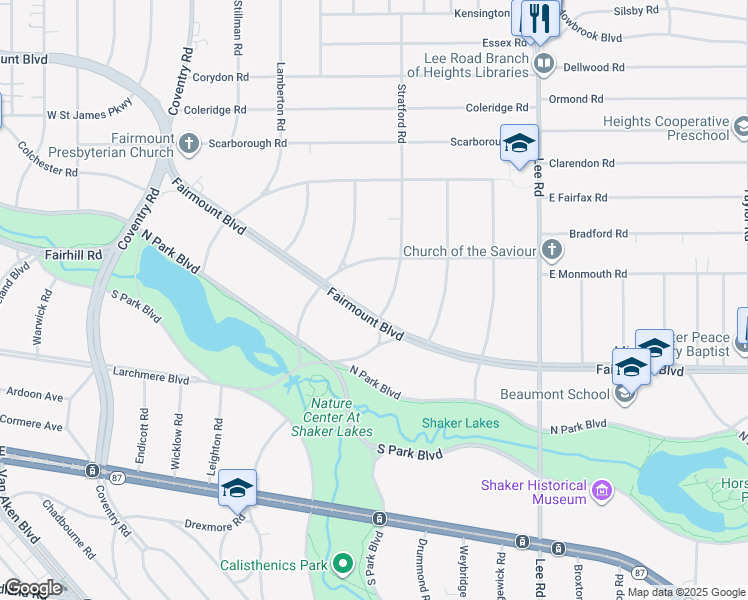 map of restaurants, bars, coffee shops, grocery stores, and more near 3001 Fairmount Boulevard in Cleveland Heights