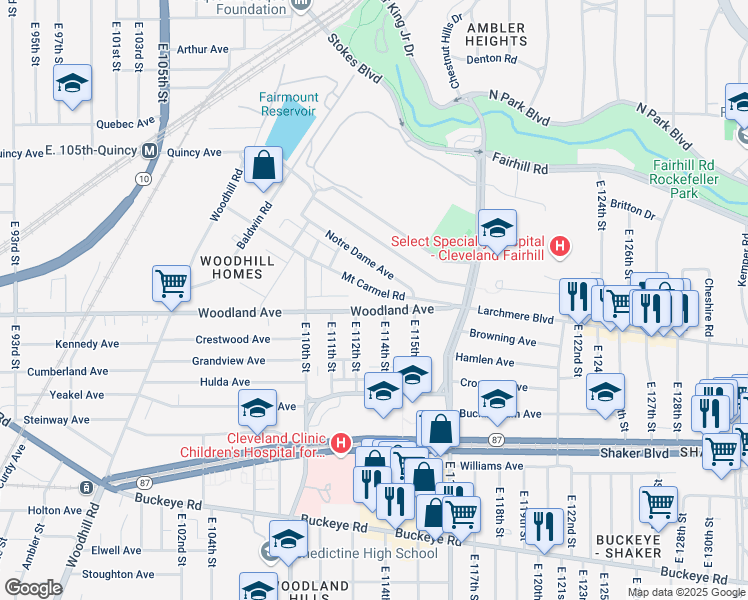 map of restaurants, bars, coffee shops, grocery stores, and more near 11221 Woodland Avenue in Cleveland