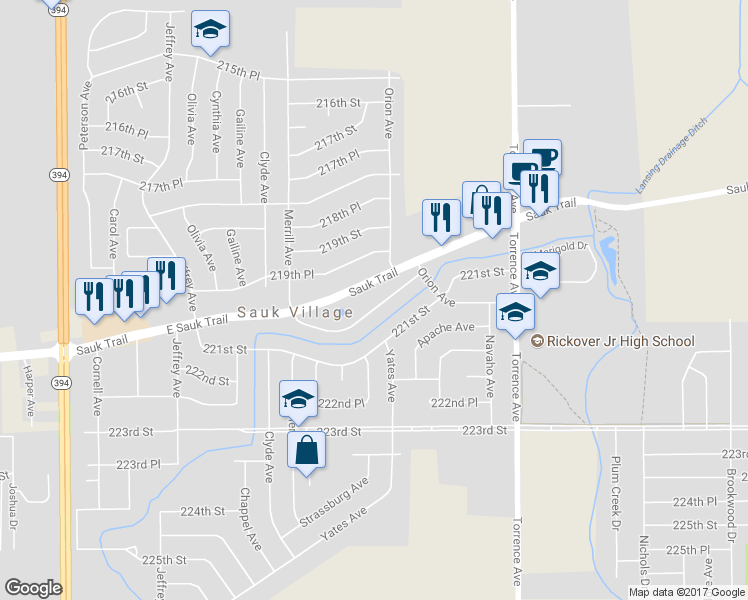map of restaurants, bars, coffee shops, grocery stores, and more near 2227 220th Street in Sauk Village