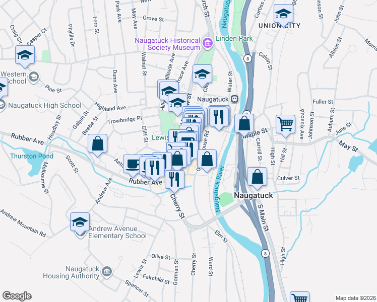 map of restaurants, bars, coffee shops, grocery stores, and more near 86 Church Street in Naugatuck