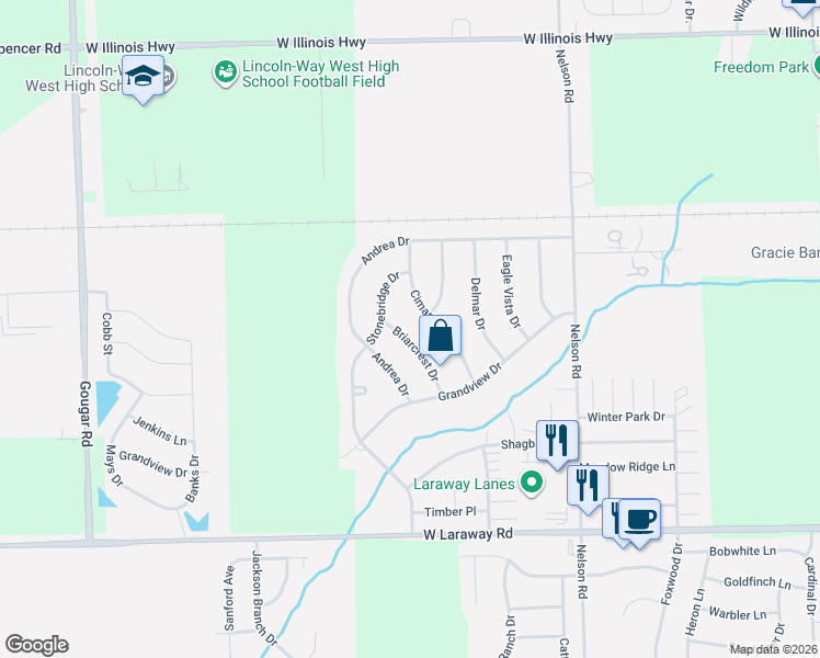 map of restaurants, bars, coffee shops, grocery stores, and more near 1622 Briarcrest Drive in New Lenox