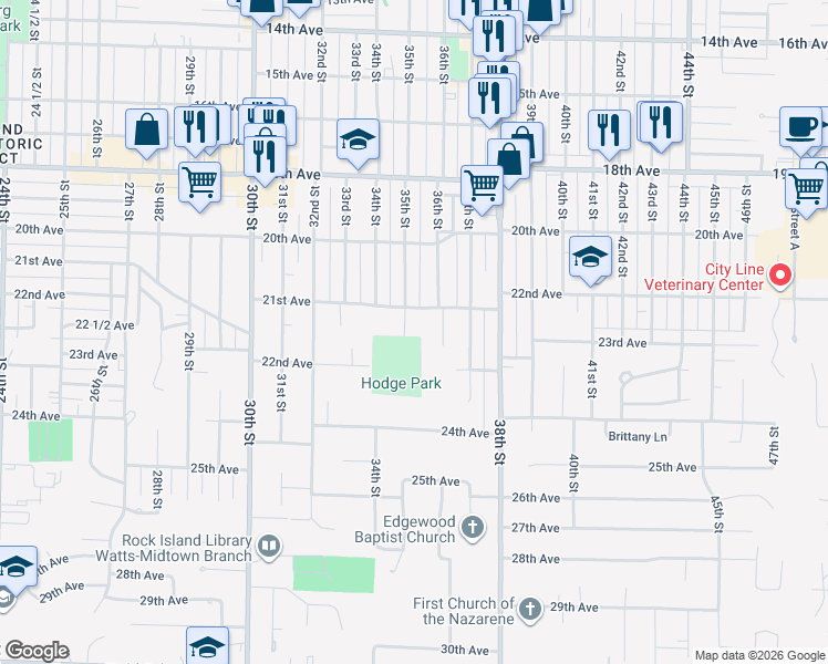 map of restaurants, bars, coffee shops, grocery stores, and more near 2117 35th Street in Rock Island