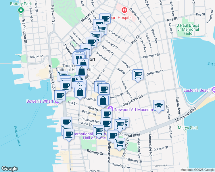 map of restaurants, bars, coffee shops, grocery stores, and more near 13 Kay Street in Newport