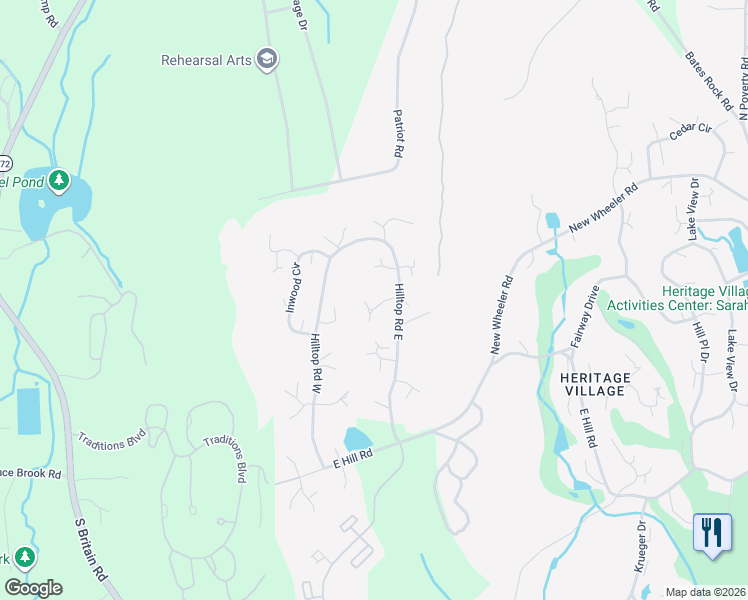 map of restaurants, bars, coffee shops, grocery stores, and more near 911 Hilltop Road East in Southbury
