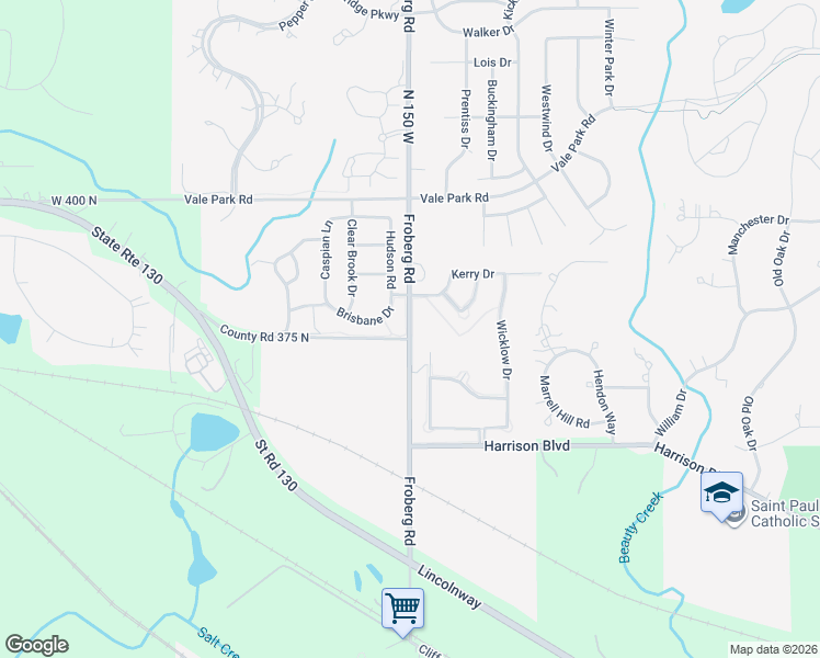 map of restaurants, bars, coffee shops, grocery stores, and more near 376 North 150 West in Valparaiso