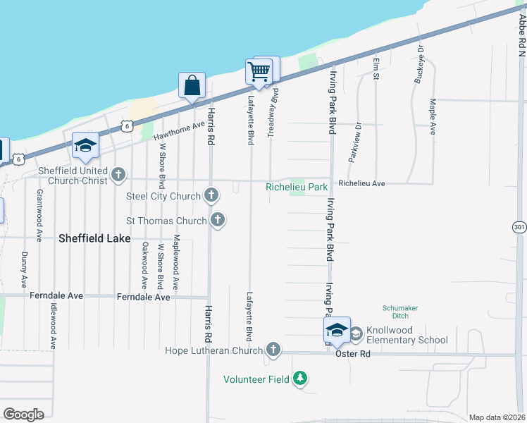 map of restaurants, bars, coffee shops, grocery stores, and more near 665 Lafayette Boulevard in Sheffield Lake