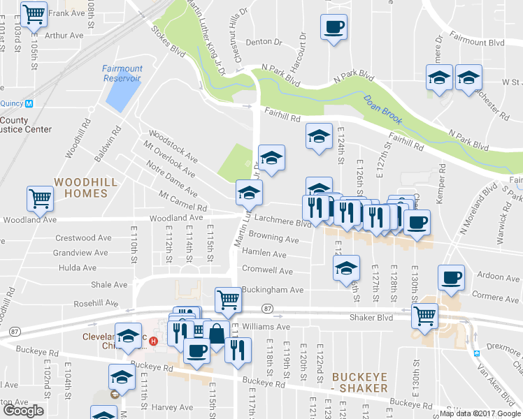 map of restaurants, bars, coffee shops, grocery stores, and more near 11711 Larchmere Boulevard in Cleveland