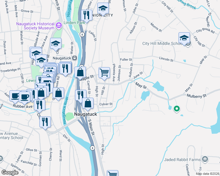 map of restaurants, bars, coffee shops, grocery stores, and more near 63 Hillcrest Avenue in Naugatuck