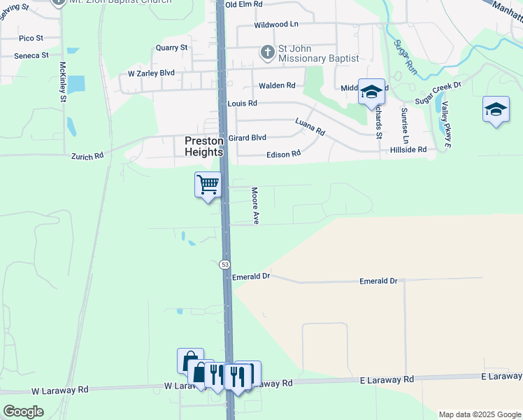 map of restaurants, bars, coffee shops, grocery stores, and more near 1916 Moore Avenue in Joliet