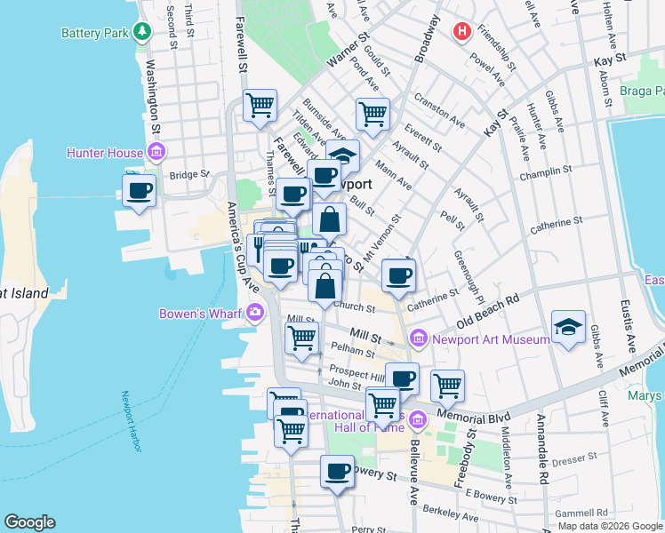 map of restaurants, bars, coffee shops, grocery stores, and more near 41 Mary Street in Newport