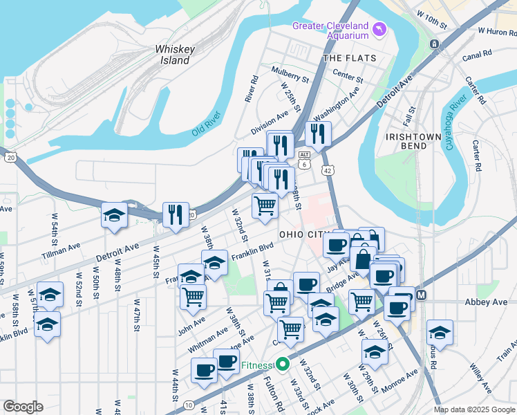 map of restaurants, bars, coffee shops, grocery stores, and more near 3007 Church Ave in Cleveland