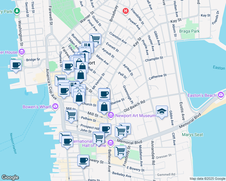 map of restaurants, bars, coffee shops, grocery stores, and more near 15 Brinley Street in Newport