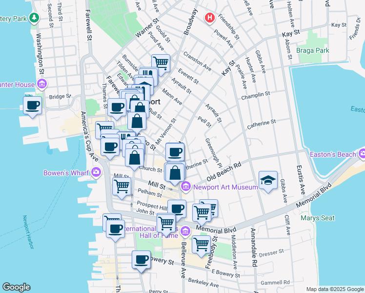 map of restaurants, bars, coffee shops, grocery stores, and more near 15 Brinley Street in Newport