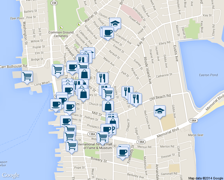 map of restaurants, bars, coffee shops, grocery stores, and more near 15 Brinley Street in Newport