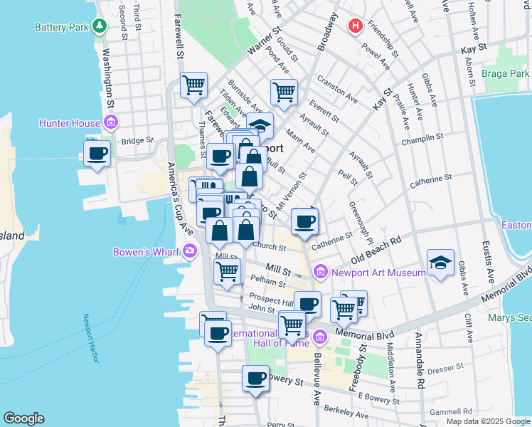 map of restaurants, bars, coffee shops, grocery stores, and more near 20 School Street in Newport