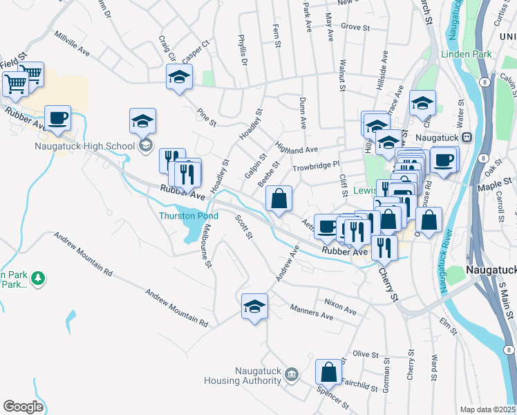 map of restaurants, bars, coffee shops, grocery stores, and more near 321 Rubber Avenue in Naugatuck