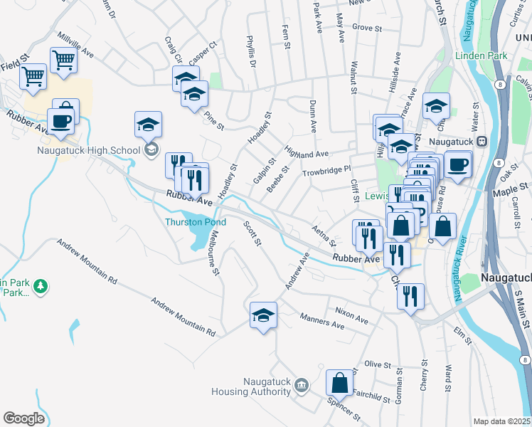 map of restaurants, bars, coffee shops, grocery stores, and more near 321 Rubber Avenue in Naugatuck