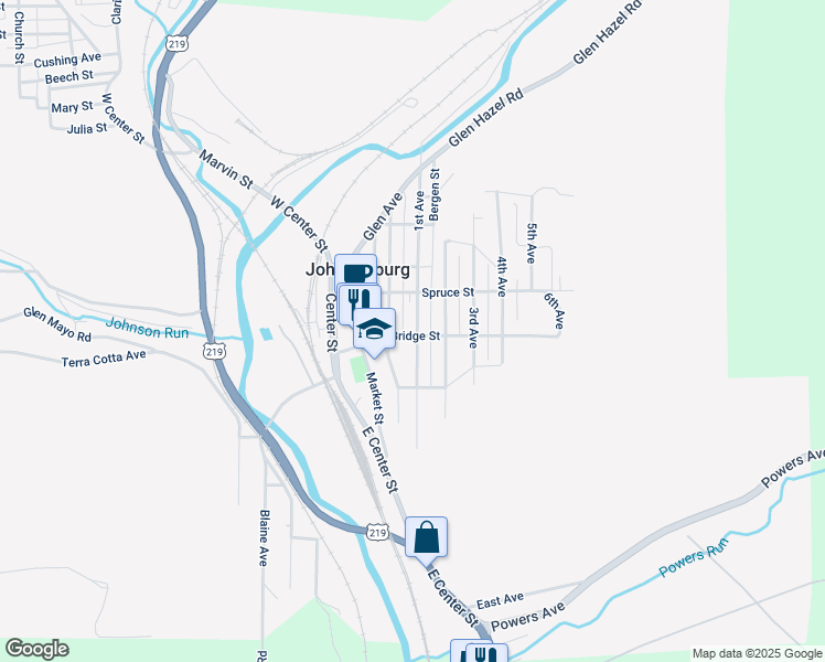map of restaurants, bars, coffee shops, grocery stores, and more near 400 Bridge Street in Johnsonburg