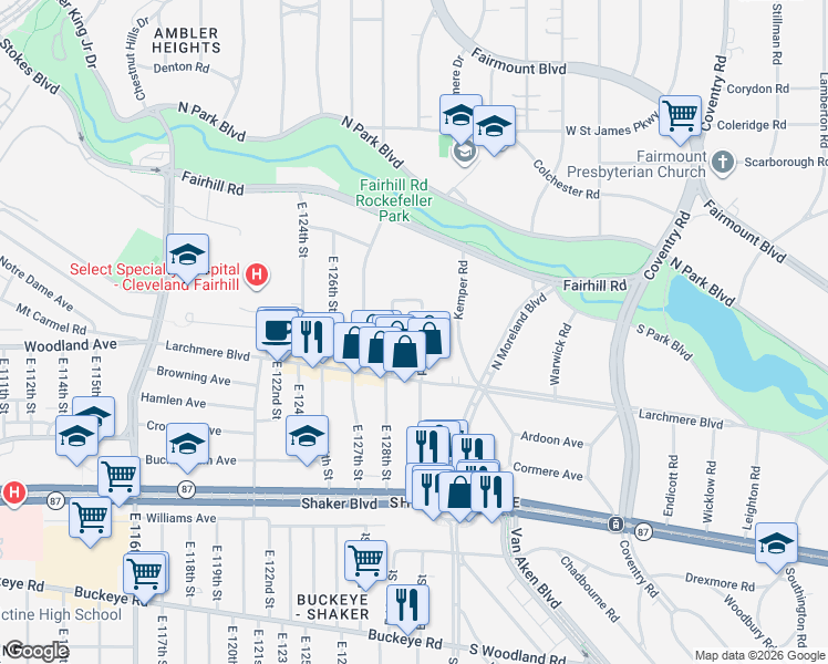 map of restaurants, bars, coffee shops, grocery stores, and more near 2567 Kendall Road in Shaker Heights