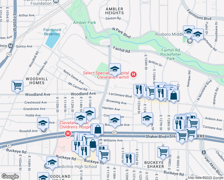map of restaurants, bars, coffee shops, grocery stores, and more near 11711 Larchmere Boulevard in Cleveland