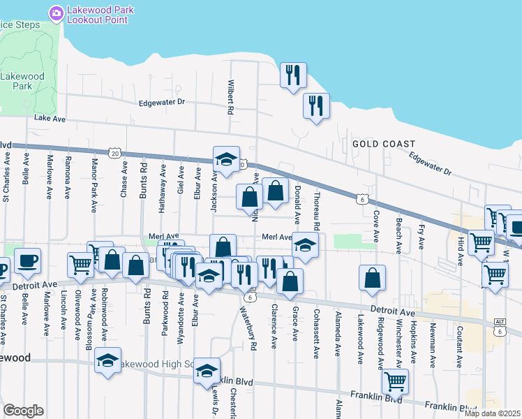 map of restaurants, bars, coffee shops, grocery stores, and more near 13406 Harlon Avenue in Lakewood