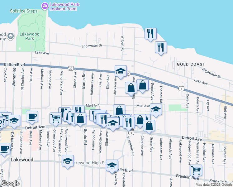 map of restaurants, bars, coffee shops, grocery stores, and more near 13443 Harlon Avenue in Lakewood