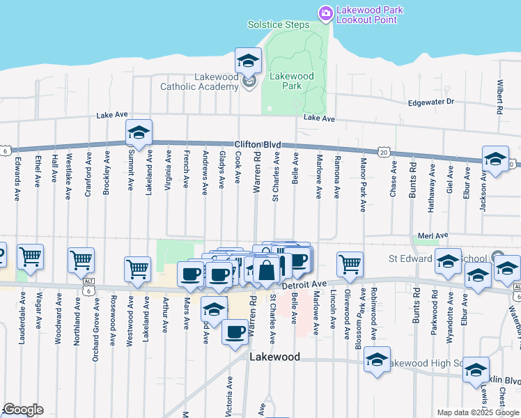 map of restaurants, bars, coffee shops, grocery stores, and more near 1280 Warren Road in Lakewood