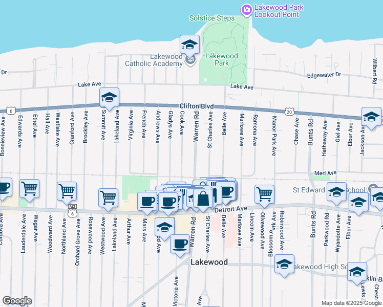 map of restaurants, bars, coffee shops, grocery stores, and more near 1280 Warren Road in Lakewood