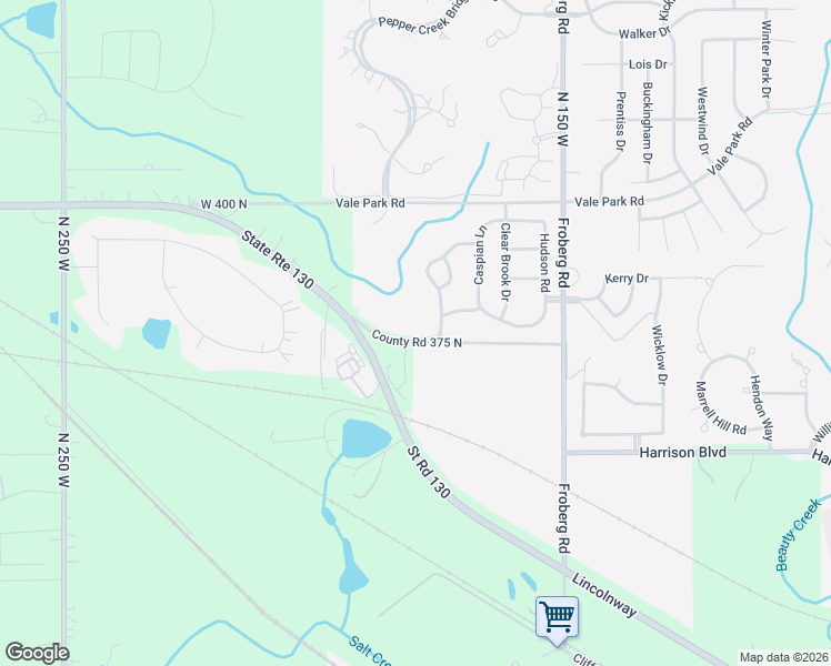 map of restaurants, bars, coffee shops, grocery stores, and more near County Road 375 N in Valparaiso
