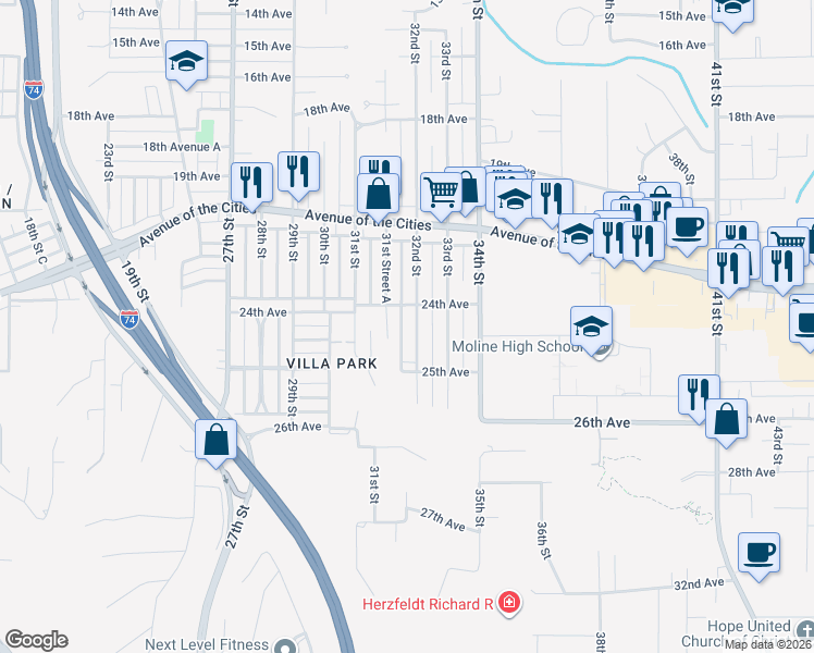 map of restaurants, bars, coffee shops, grocery stores, and more near 2433 32nd Street in Moline