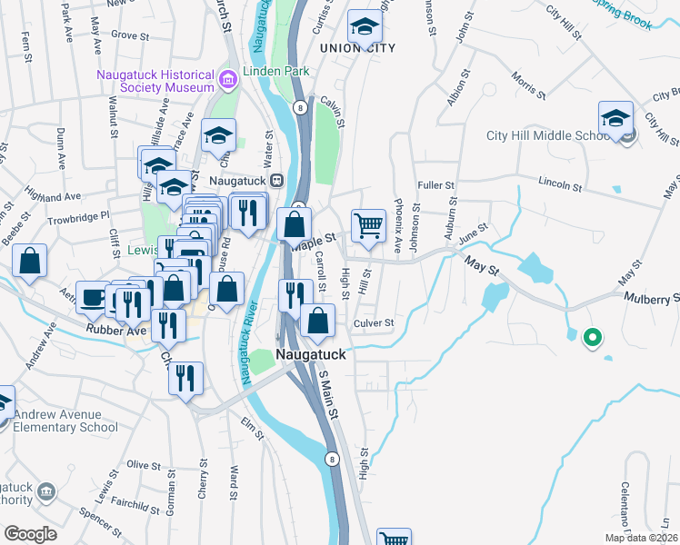 map of restaurants, bars, coffee shops, grocery stores, and more near 288 High Street in Naugatuck