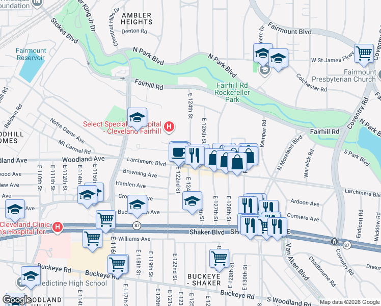map of restaurants, bars, coffee shops, grocery stores, and more near Mt Overlook Ave & E 124th St in Cleveland
