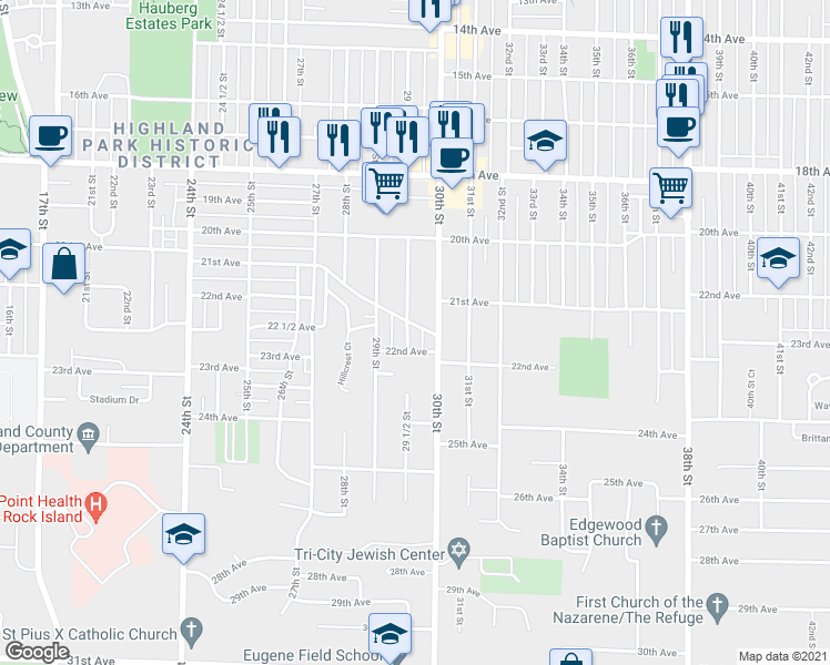 map of restaurants, bars, coffee shops, grocery stores, and more near 2101 29 1/2 Street in Rock Island